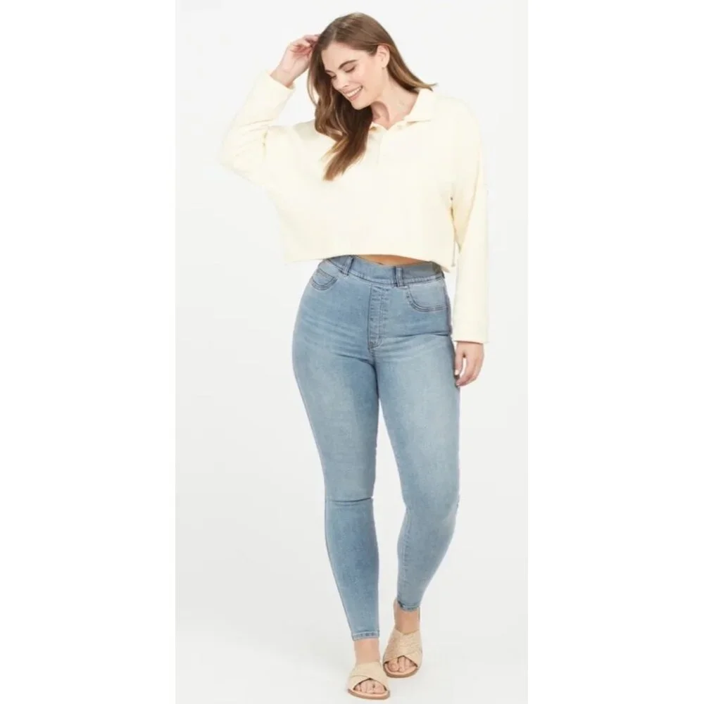 Spanx Pull On Jeans Womens Large Light Wash Vintage High Rise Skinny Stretch - Picture 1 of 14